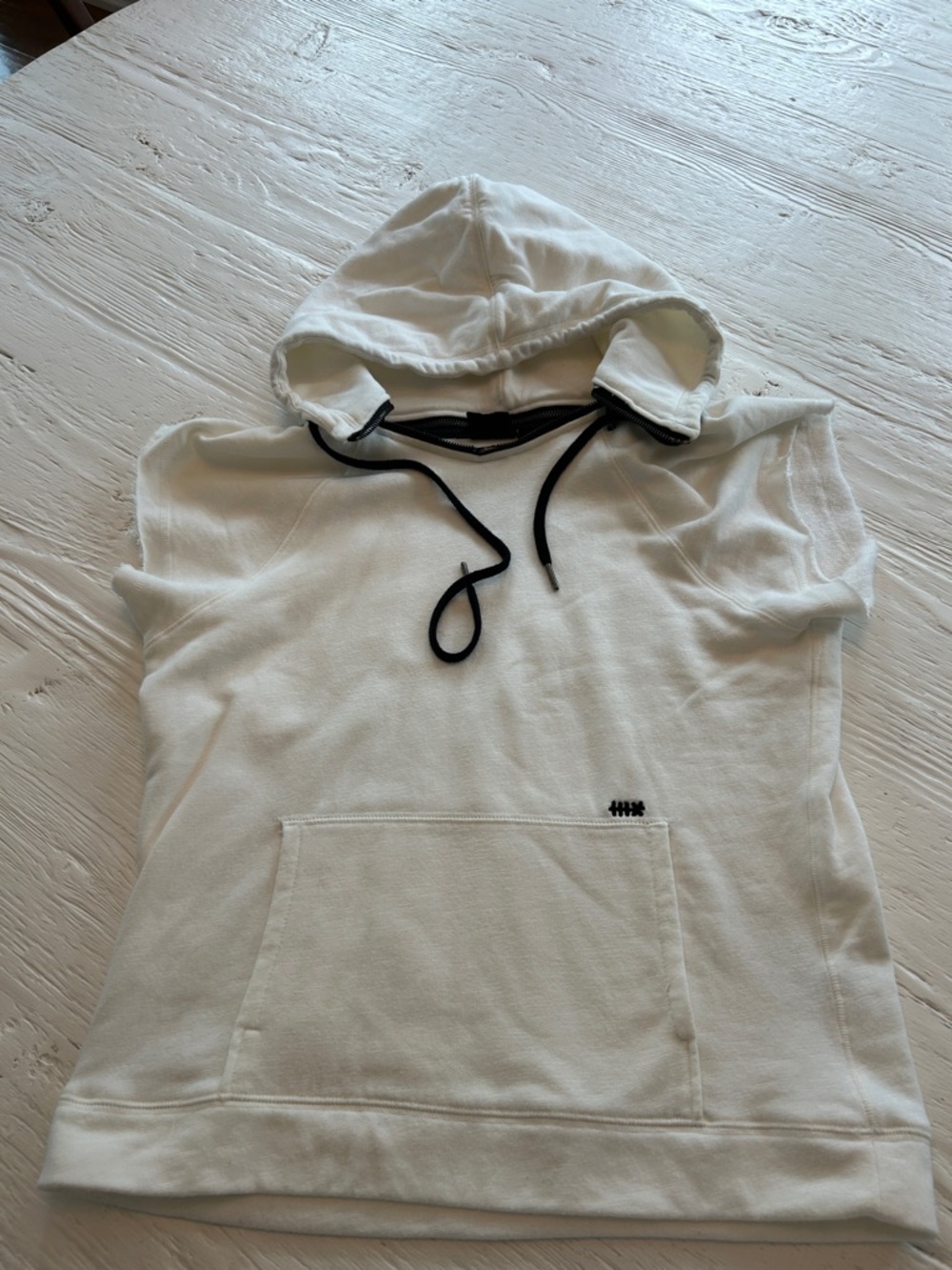 Nikibiki White Hooded Short Sleeve Sweatshirt with Black Drawstrings